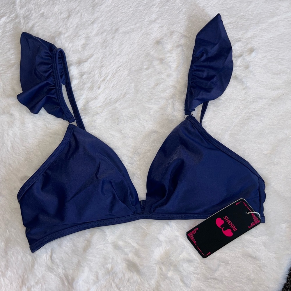 NWT Shekini Navy Blue Ruffle Bikini Top | Women’s Size Small